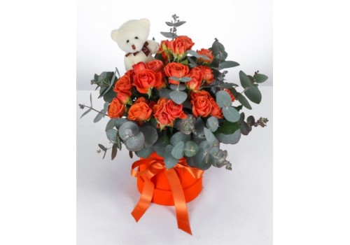 Turuncu Gül ve Okaliptus Aranjmanı | Sevimli Ayıcık Hediyeli