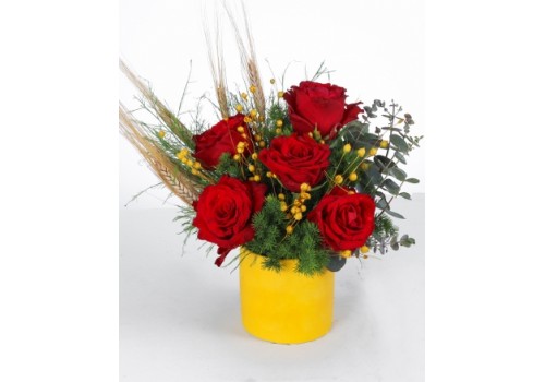 Kırmızı Güller ve Doğal Dokulu Aranjman Sarı Saksıda Şık Tasarım