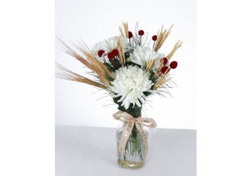 Doğal Buğday ve Beyaz Krizantem Aranjmanı