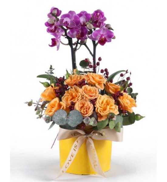Sarı Güller ve Mor Orkide Aranjmanı